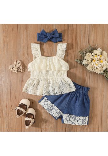 3pcs Baby Girl Sleeveless Lace Ruffle Top and Shorts with Headband Set