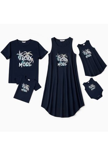 Mosaic Letter and Coconut Tree Print Family Matching Navy Sets