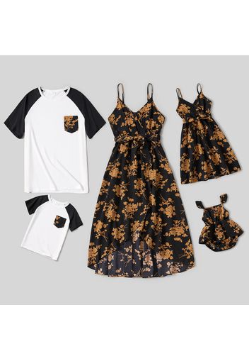 Floral Print Family Matching Sets（Spaghetti Strap Belted Midi Dresses and Raglan Short-sleeve T-shirts）