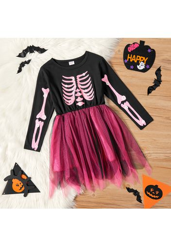 Kid Girl Halloween Skeleton Print Irregular Hem Mesh Stitching Long-sleeve Dress