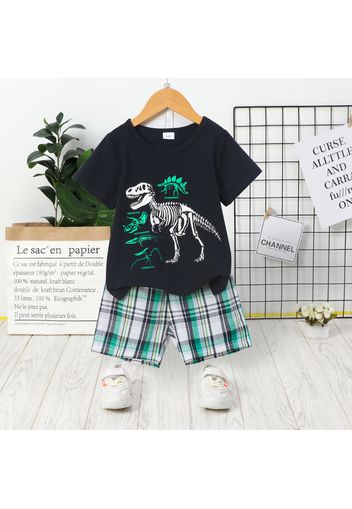 2pcs Toddler Boy Playful Animal Dinosaur Print Tee and Plaid Shorts Set