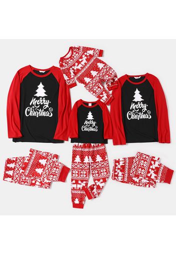 Christmas Tree and Letter Print Family Matching Red Raglan Long-sleeve Pajamas Sets (Flame Resistant)