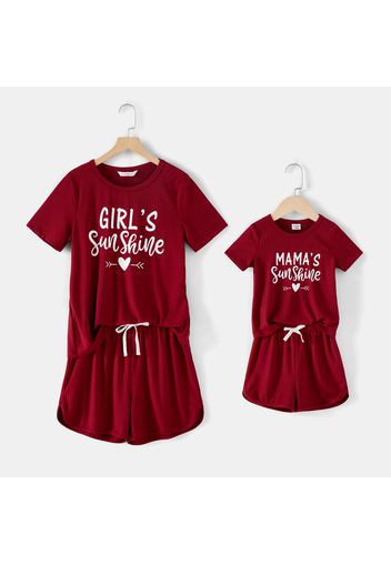 Love Heart & Letter Print Rib Knit Short-sleeve T-shirts and Shorts Sets for Mom and Me