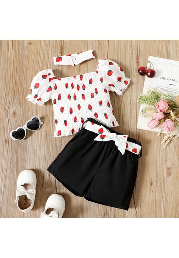 Mini Lady Toddler Girl 3pcs Strawberry Allover Shirred Short-sleeve White Top and Belt Decor Black Shorts with Headband Set