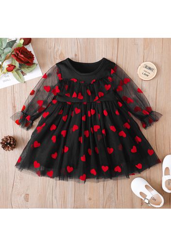 Baby Girl All Over Red Love Heart Mesh Splicing Long-sleeve Princess Dress