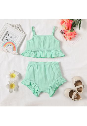 2pcs Baby Girl Solid Ribbed Spaghetti Strap Ruffle Top and Shorts Set