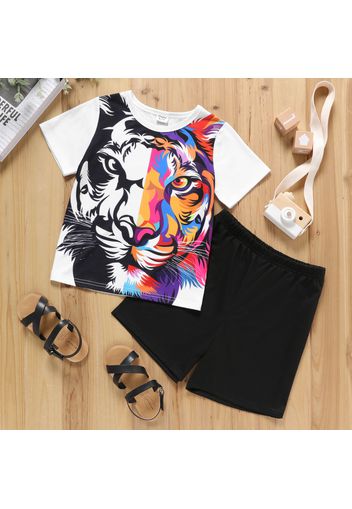 2-piece Kid Boy Colorful Animal Tiger Print Tee and Elasticized Black Shorts Set