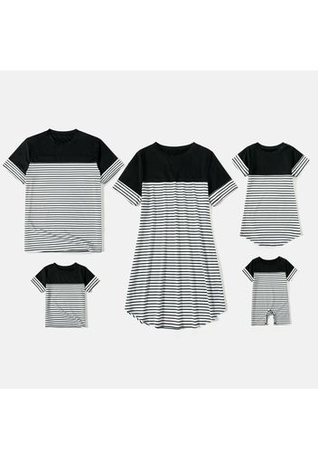 Family Matching Black and White Striped Short-sleeve Dresses and T-shirts Sets