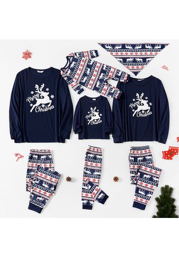 Christmas Deer and Letters Print Navy Family Matching Long-sleeve Pajamas Sets (Flame Resistant)