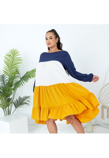 Women Plus Size Casual Ruffle Long-sleeve Colorblock Short Tiered Dress