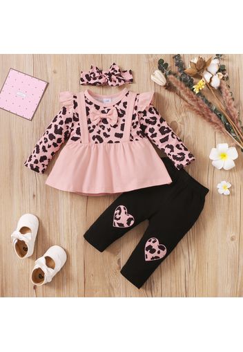 3pcs Baby Leopard Splicing Long-sleeve Cotton Faux-two Top and Trousers Set