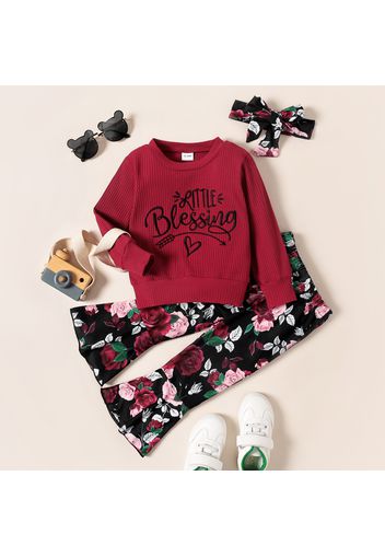 2-piece Toddler Girl Letter Embroidered Red Pullover and Floral Print Flared Pants Set