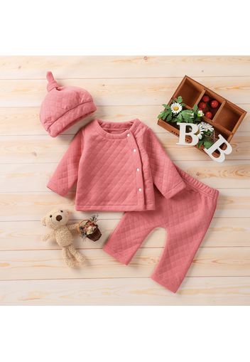 3-piece Baby Girl Button Design Solid Color Textured Long-sleeve Top, Elasticized Pants and Cap Set