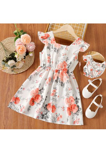 Kid Girl Floral Print Bowknot Design Backless Flutter-sleeve Dress