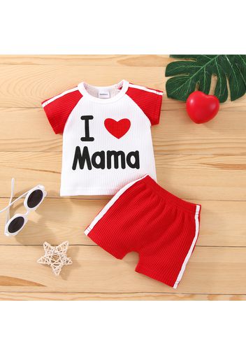 2pcs Baby Boy/Girl Love Heart and Letter Print Colorblock Short-sleeve Tee and Shorts Set