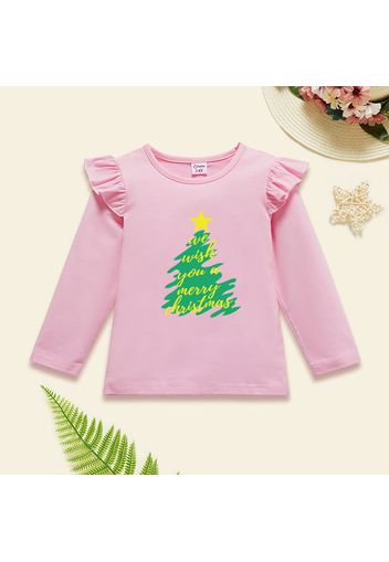 Christmas Toddler Girl Graphic Christmas Tree and Letter Print Ruffled Long-sleeve Tee