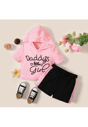 Father's Day 2-piece Toddler Girl Letter Print Hooded Short-sleeve Pink Tee and Colorblock Shorts Set