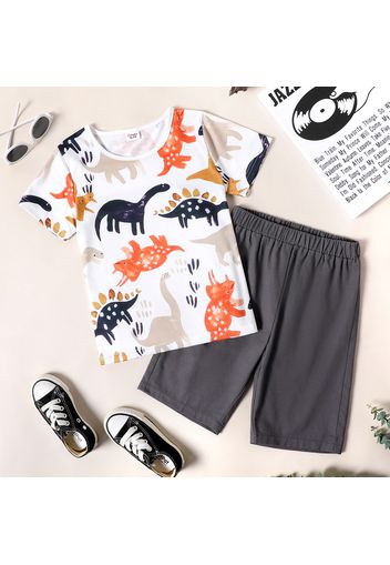 2-piece Kid Boy Animal Dinosaur Print Short-sleeve Tee and Elasticized Grey Shorts Set