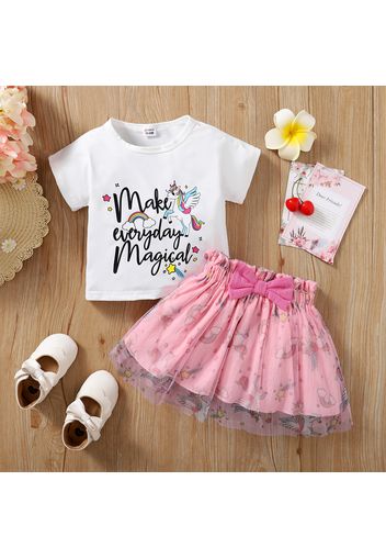 2pcs Toddler Girl Letter Unicorn Rainbow Print Short-sleeve White Tee and Bowknot Mesh Design Pink Skirt Set