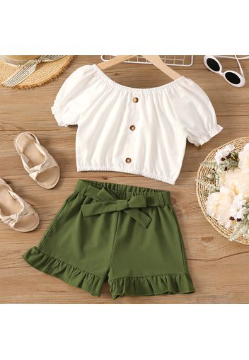 2pcs Kid Girl Button Design Short-sleeve White Tee and Ruffle Belted Green Shorts Set