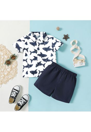 2pcs Toddler Girl Shark Print Lapel Collar Short-sleeve Shirt and Dark Blue Shorts Set