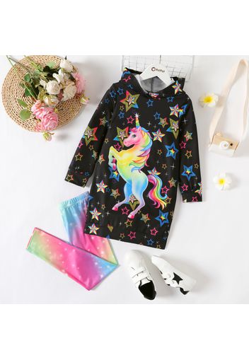 2pcs Kid Girl Colorful Unicorn Star Print Hooded Sweatshirt and Tie Dyed Leggings Set