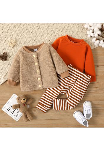 3pcs Baby Boy/Girl Long-sleeve Sweatshirt with Striped Ribbed Leggings Pants and Fuzzy Fleece Jacket Set