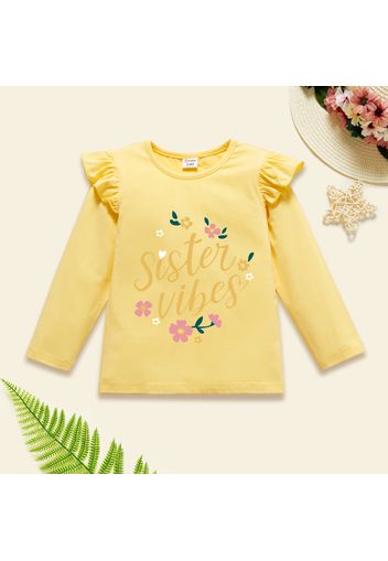 Toddler Girl Graphic Letter and Floral Print Ruffled Long-sleeve Tee