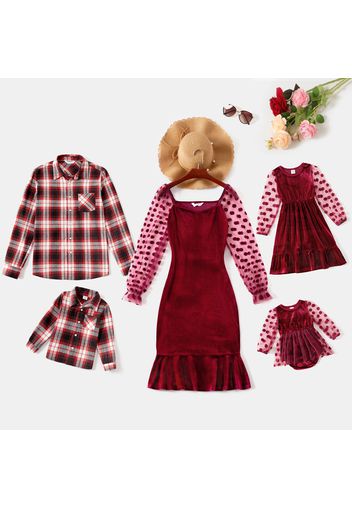 Family Matching Polka Dots Mesh Long-sleeve Spliced Velvet Ruffle Hem Bodycon Dresses and Plaid Shirts Sets