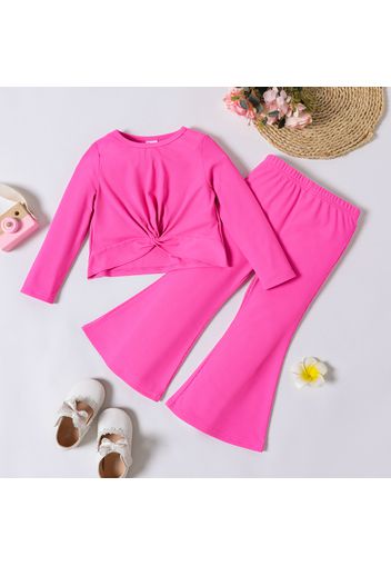 2pcs Toddler Girl Twist Knot Long-sleeve Pink Tee and Flared Pants Set