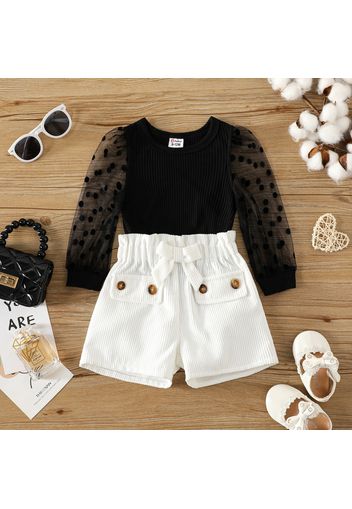 2pcs Baby Girl Polka Dots Mesh Long-sleeve Spliced Rib Knit Top and Bow Front Shorts Set