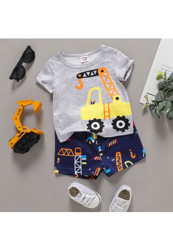 2pcs Baby Boy Excavator Print Round Neck  Short-sleeve T-shirt and Shorts Set