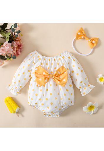 2pcs Baby Girl Bow Front Polka Dot Print Long-sleeve Romper with Headband Set