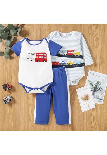 3pcs Baby Boy Short-sleeve Vehicle Stripe Print Cotton Baby's Sets