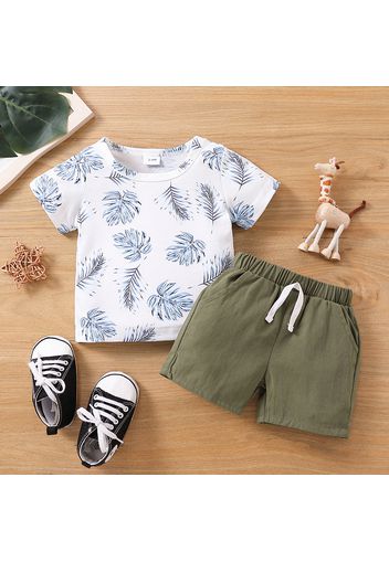 2pcs Baby Boy 100% Cotton Shorts and Allover Palm Leaf Print Short-sleeve T-shirt Set