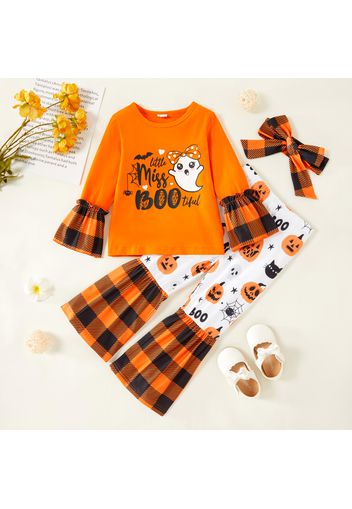 3-piece Toddler Girl Halloween Letter Cute Ghost Print Plaid Bell sleeves Top, Pumpkin Cobweb Print Flared Pants and Headband Set