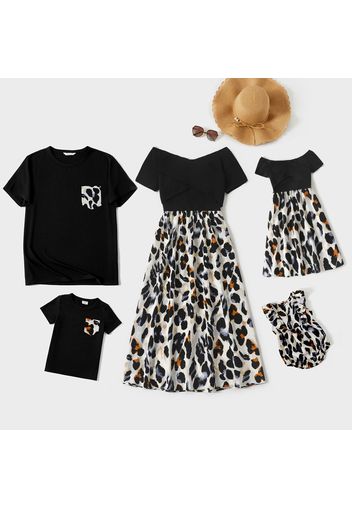 Family Matching Black Splice Leopard Off Shoulder Crisscross Front Short-sleeve Dresses and T-shirts Sets