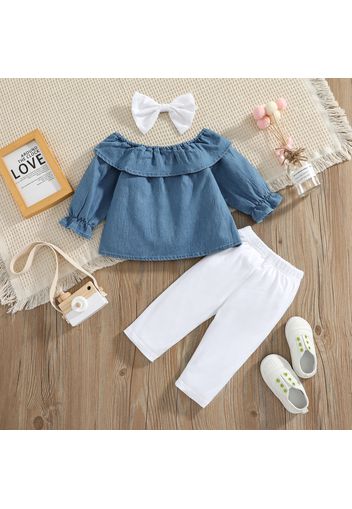 3pcs Baby Long-sleeve Ruffle Denim Top and 100% Cotton Trousers Set