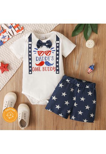 Independence Day 2pcs 100% Cotton Denim All Over Stars Print Shorts and Letter Print Short-sleeve Romper Set