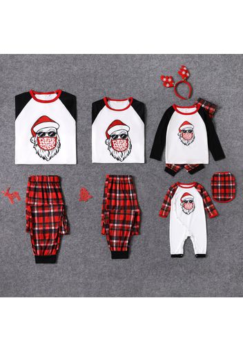 Christmas Santa Claus Wearing Mask Print Family Matching Long-sleeve Red Plaid Pajamas Sets (Flame Resistant)