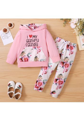 2-piece Toddler Girl Letter Floral Print Hoodie and Pants Set