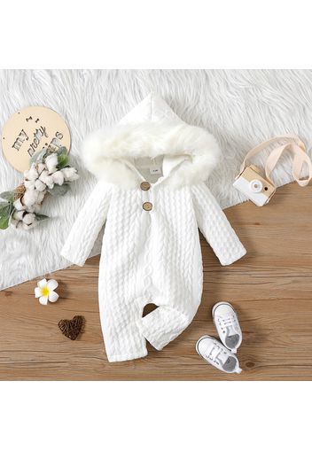 Baby Boy/Girl Solid Cable Knit Textured Faux Fur Hooded Long-sleeve Jumpsuit