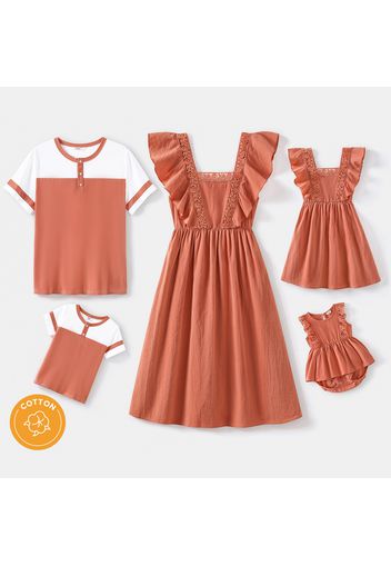 Family Matching 100% Cotton Solid Square Neck Ruffle Dresses and Short-sleeve Splicing Tops Sets