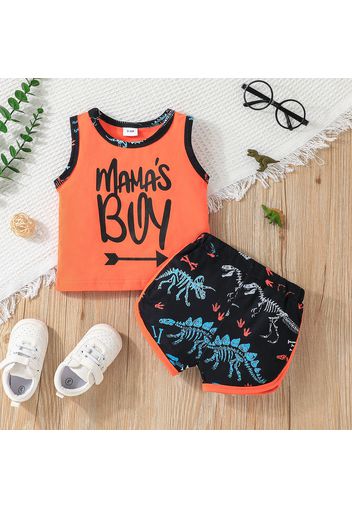 2pcs Baby Boy Letter Print Tank Top and Allover Dinosaur Skeleton Print Shorts Set