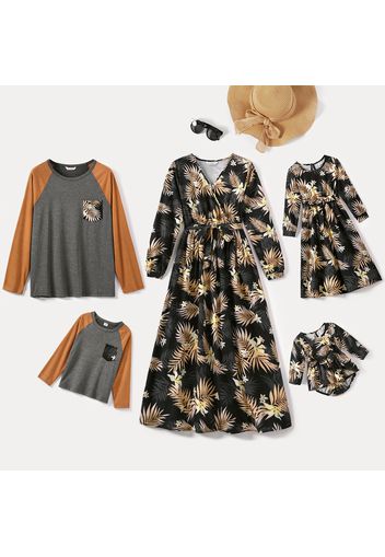 Family Matching Floral Print Long-sleeve Belted Dresses and Color Block T-shirts Sets