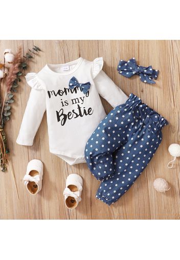 3pcs Baby Girl Letter Print Ruffle Long-sleeve Romper and Polka Dot Trousers Set