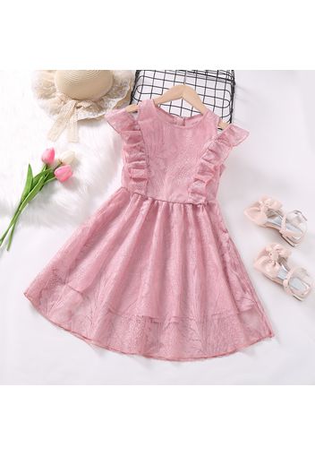 Kid Girl Floral Lace Design Ruffled Cold Shoulder Sleeveless Pink Dress