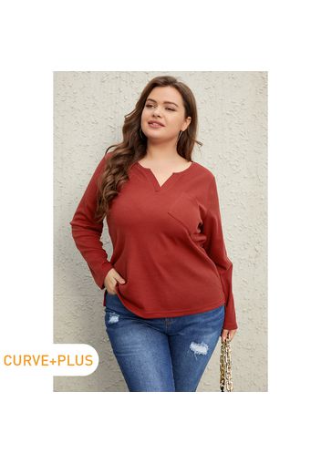 Women Plus Size Basics V Neck Pocket Design Long-sleeve Tee