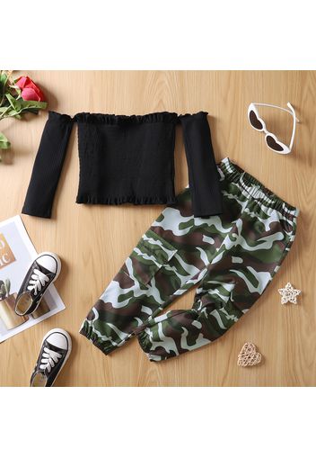 2pcs Toddler Girl Off Shoulder Smocked Long-sleeve Black Top and Camouflage Print Pants Set