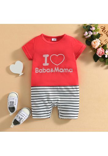 100% Cotton Baby Boy Love Heart and Letter Print Solid Short-sleeve Splicing Striped Jumpsuit